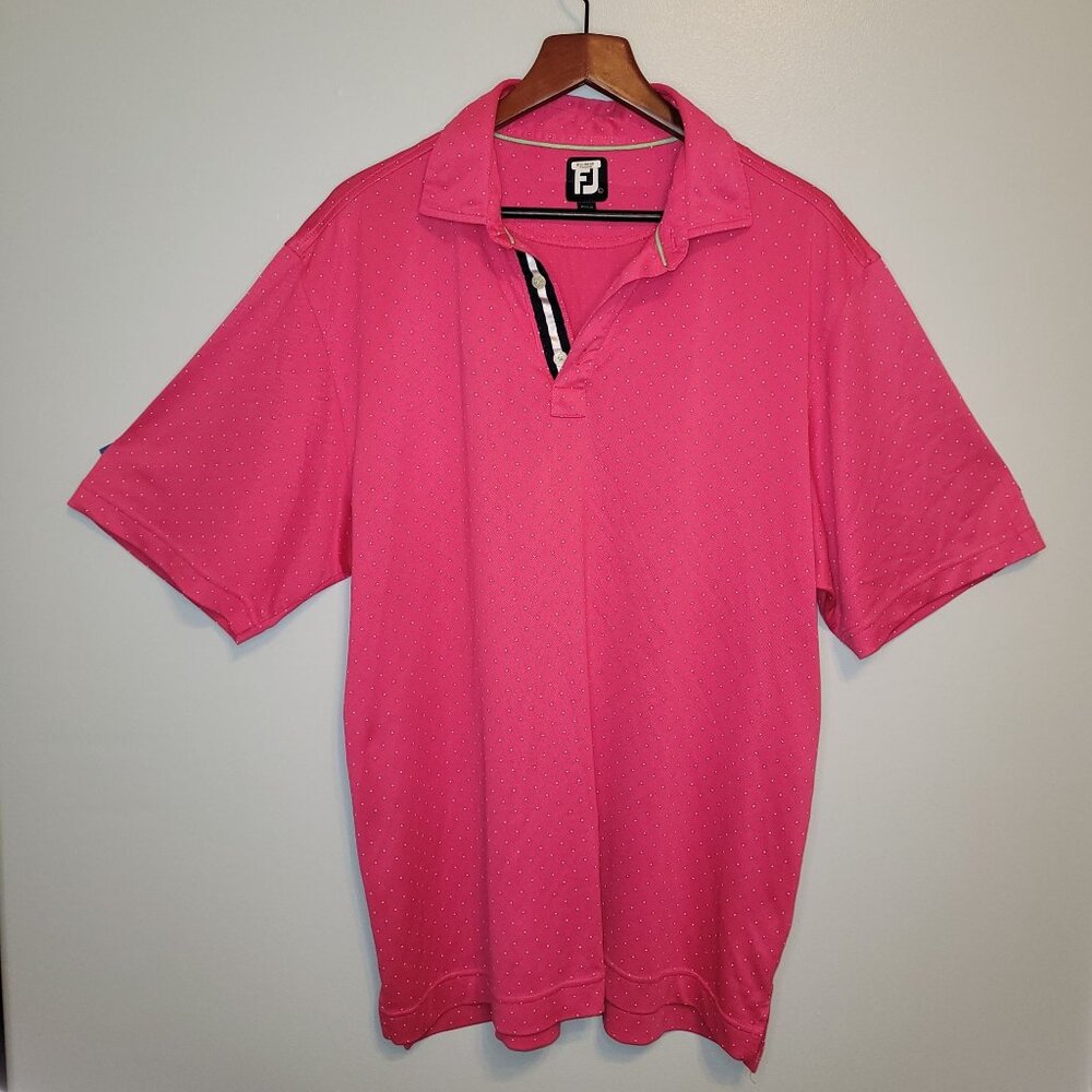 FJ FootJoy Sports Mens Office Casual Pink White Polka Dot Polo Golf Shirt Size L